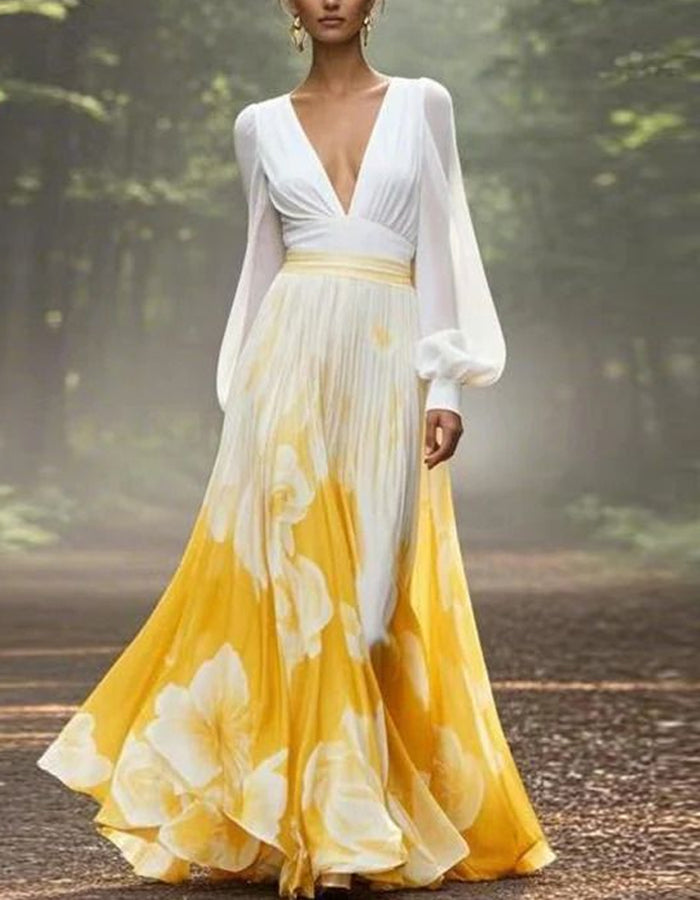 White And Yellow V-neck Lantern Sleeve Pleated Print Maxi Dress