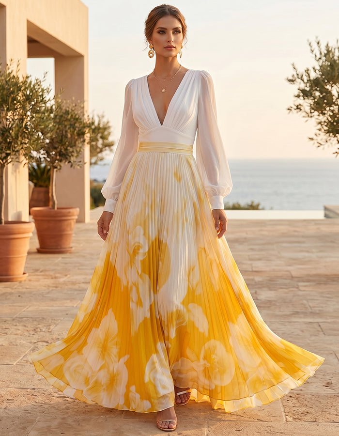 White And Yellow V-neck Lantern Sleeve Pleated Print Maxi Dress