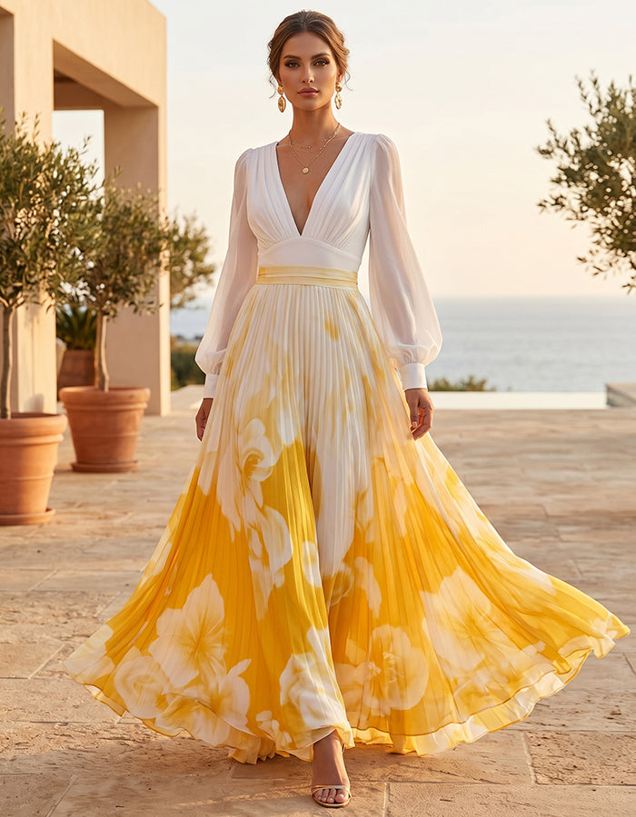 White And Yellow V-neck Lantern Sleeve Pleated Print Maxi Dress