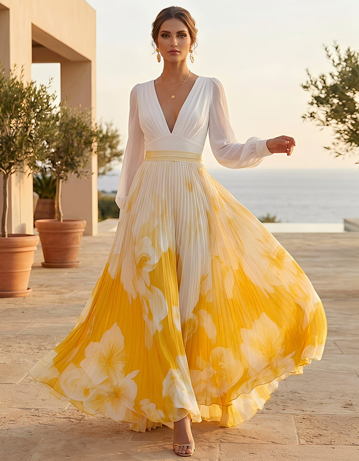 White And Yellow V-neck Lantern Sleeve Pleated Print Maxi Dress