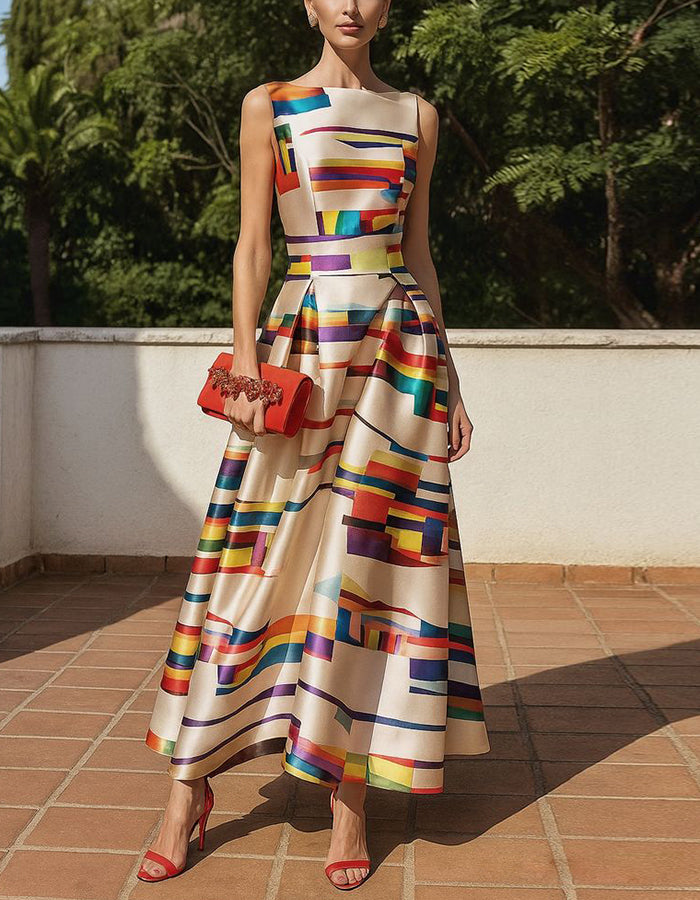 Colorful Geometric Print Sleeveless Fitted Waist Satin Maxi Dress