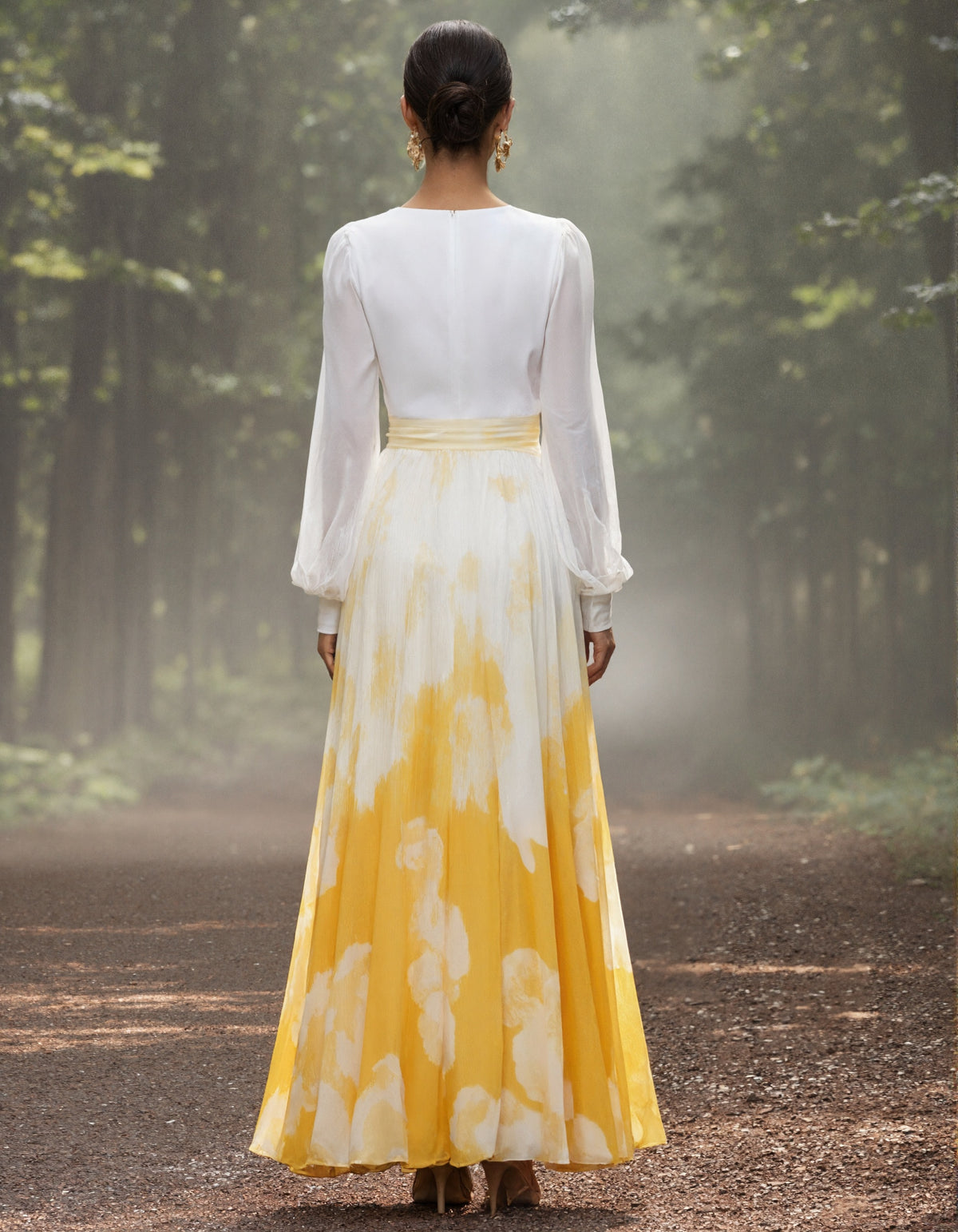 White And Yellow V-neck Lantern Sleeve Pleated Print Maxi Dress