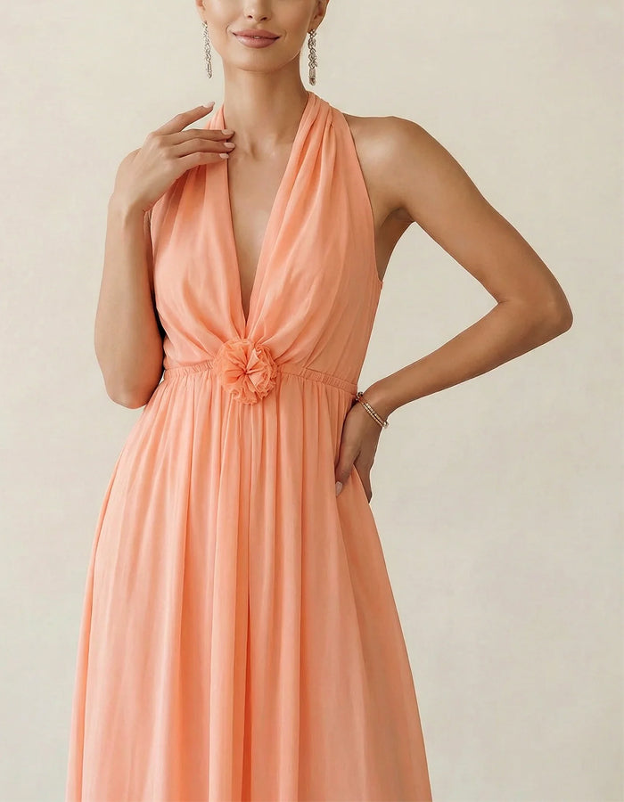 Coral Pink Halter Neck Deep V 3D Floral Chiffon Maxi Dress