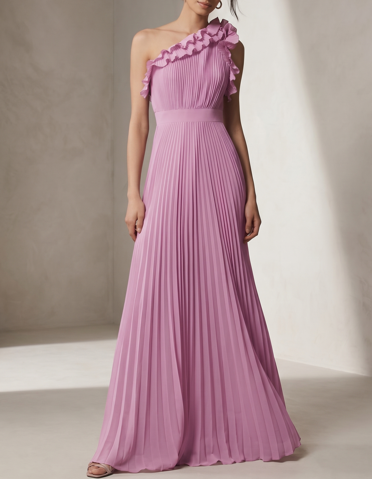 Pinkish-Purple Chiffon Ruffled One-Shoulder Pleated Maxi Dress