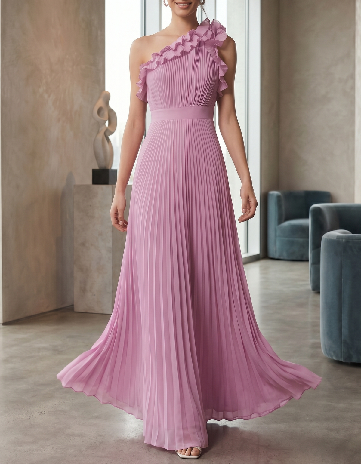 Pinkish-Purple Chiffon Ruffled One-Shoulder Pleated Maxi Dress
