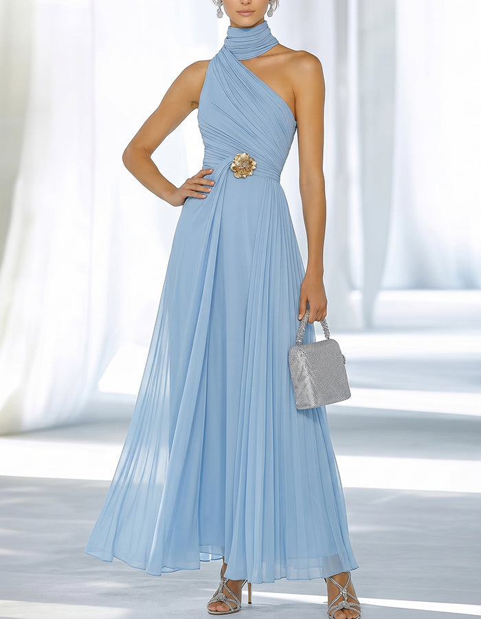 Sky Blue One-Shoulder High-Neck Ruched Chiffon Maxi Dress