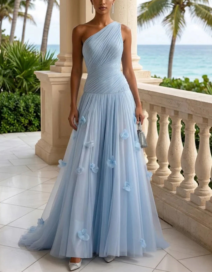 Ice Blue One Shoulder Pleated 3d Floral Mesh Maxi Dress