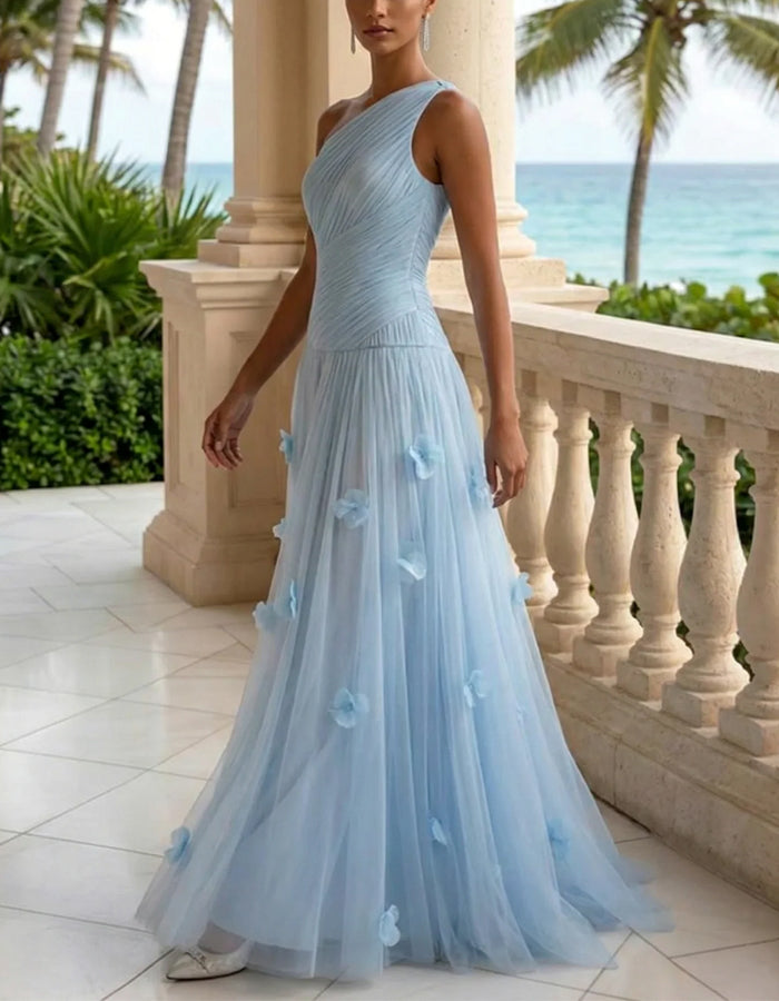 Ice Blue One Shoulder Pleated 3d Floral Mesh Maxi Dress