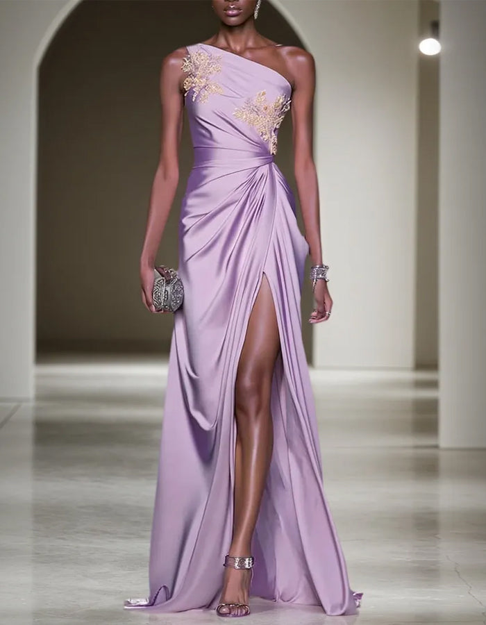 Taro Purple One Shoulder Appliqué Satin With Slit Maxi Dress
