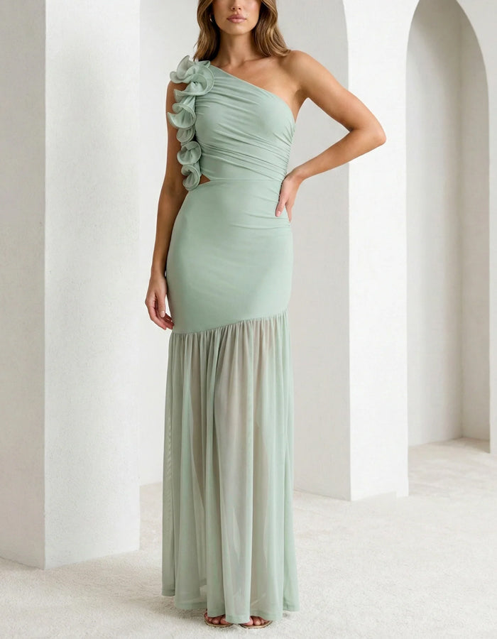 Mint Green One Shoulder Ruffled Chiffon Maxi Dress
