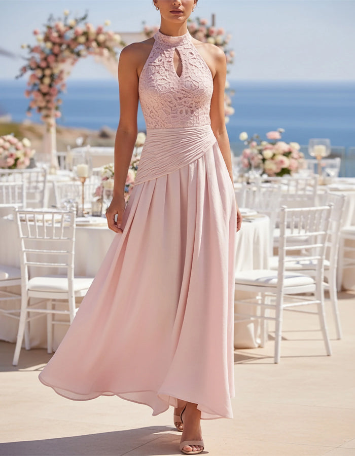 Pink Lace Trimmed Chiffon Maxi Dress