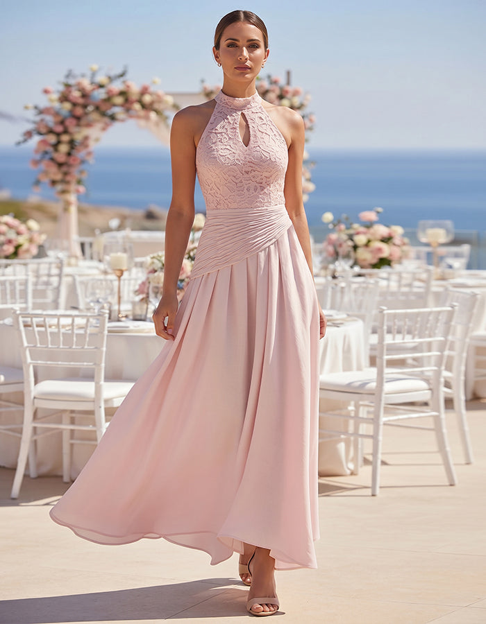 Pink Lace Trimmed Chiffon Maxi Dress