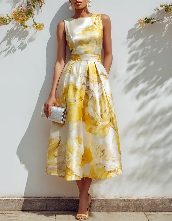 Yellow Floral Satin Dress With A Cinched Waist And Wide Midi Dress
