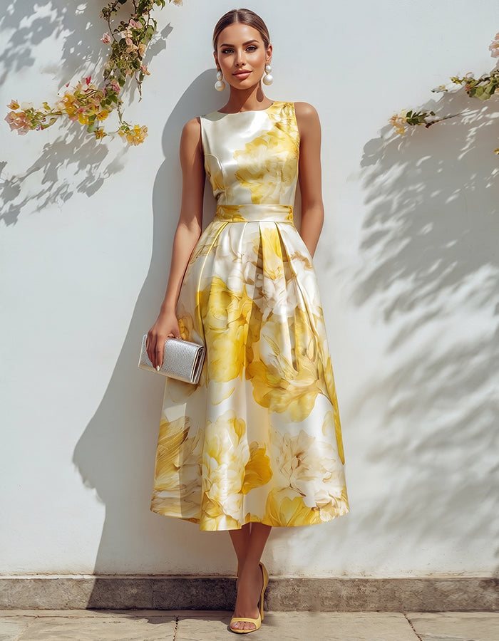 Yellow Floral Satin Dress With A Cinched Waist And Wide Midi Dress