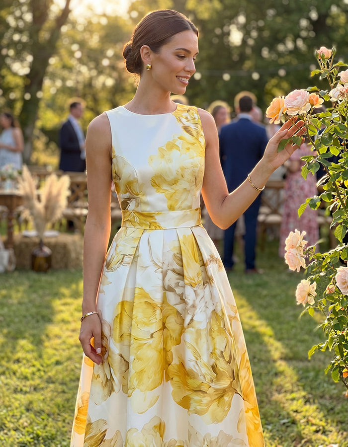 Yellow Floral Satin Dress With A Cinched Waist And Wide Midi Dress