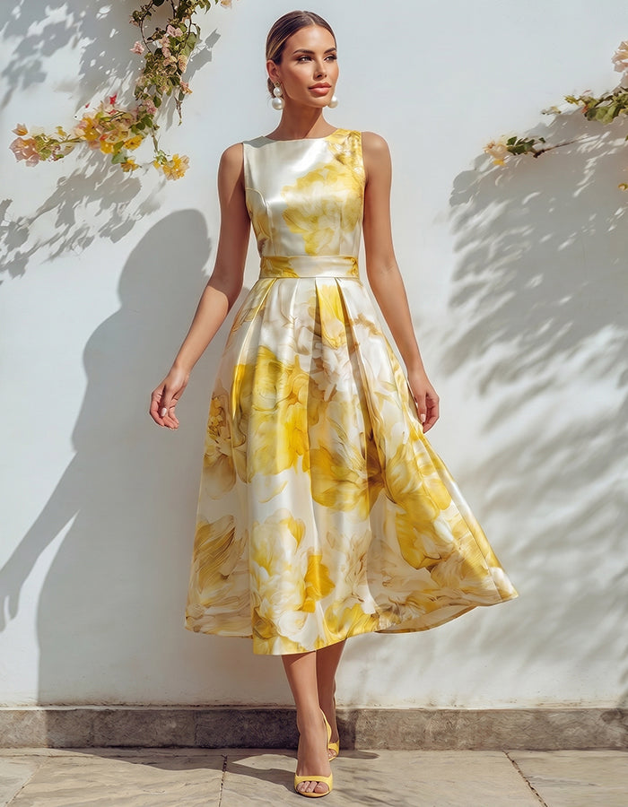 Yellow Floral Satin Dress With A Cinched Waist And Wide Midi Dress
