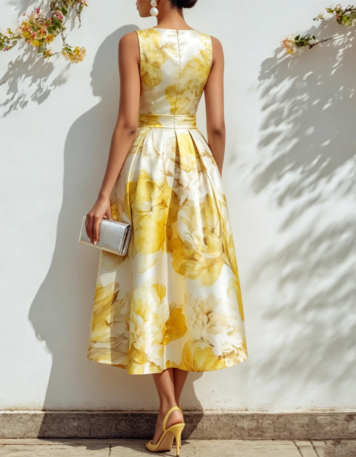 Yellow Floral Satin Dress With A Cinched Waist And Wide Midi Dress