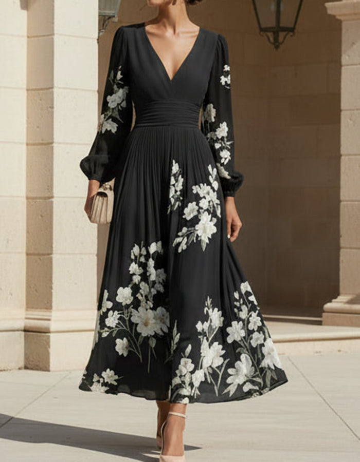 Navy Blue V-Neck Long Sleeve Floral Print Chiffon Midi Dress