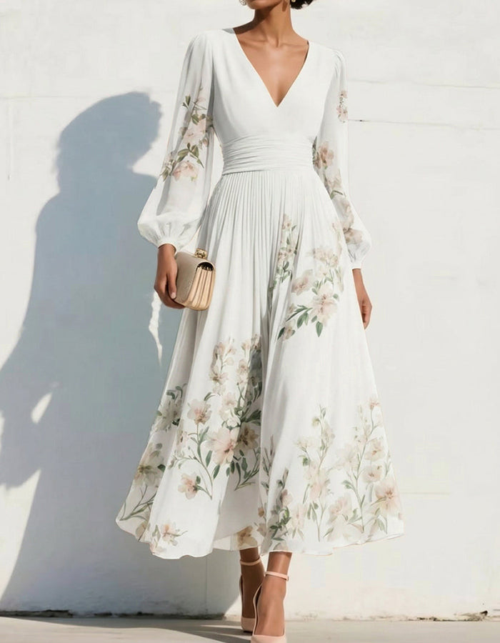 Navy Blue V-Neck Long Sleeve Floral Print Chiffon Midi Dress