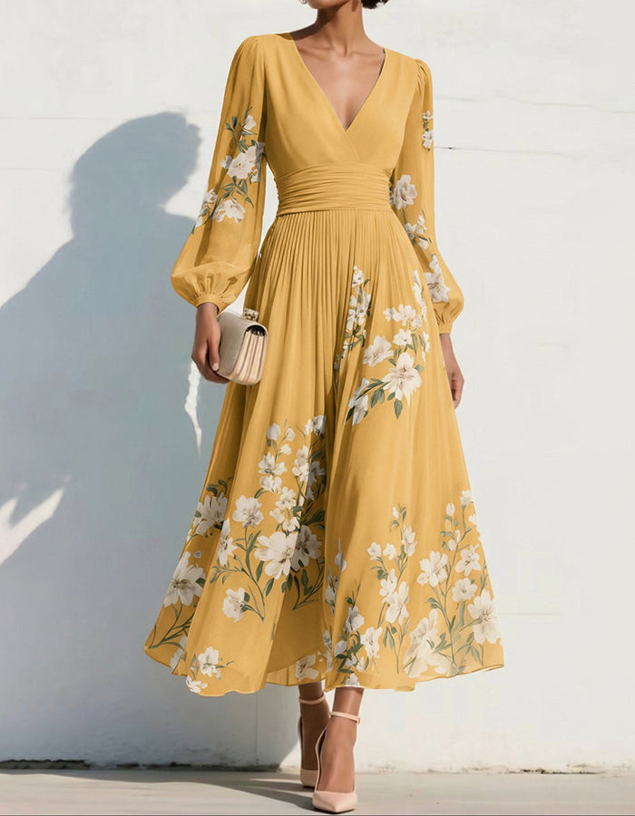 Navy Blue V-Neck Long Sleeve Floral Print Chiffon Midi Dress