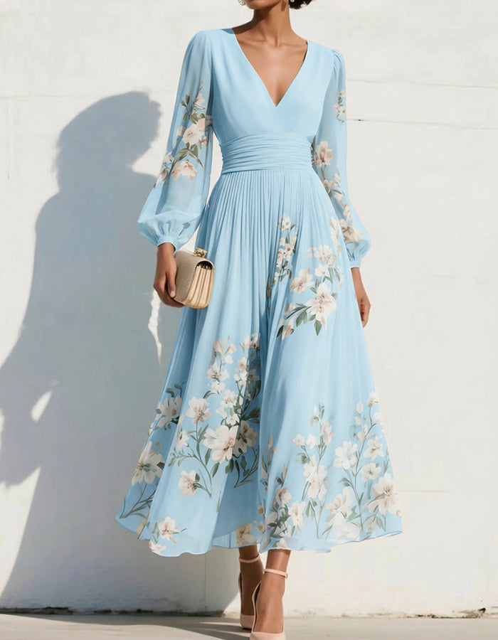 Navy Blue V-Neck Long Sleeve Floral Print Chiffon Midi Dress