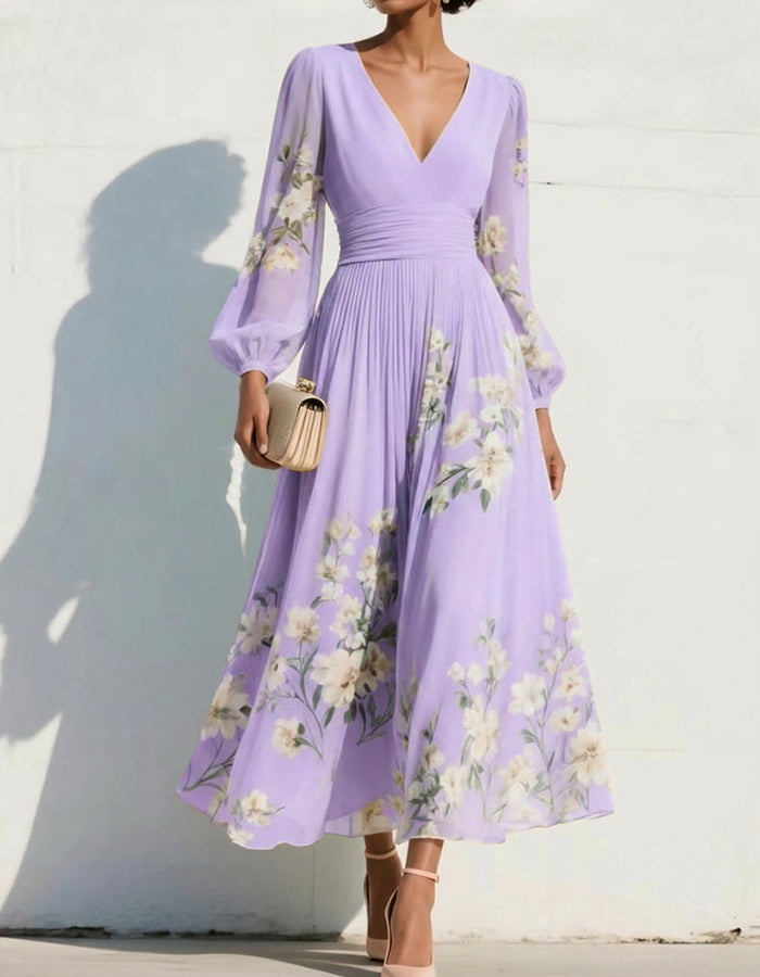 Navy Blue V-Neck Long Sleeve Floral Print Chiffon Midi Dress