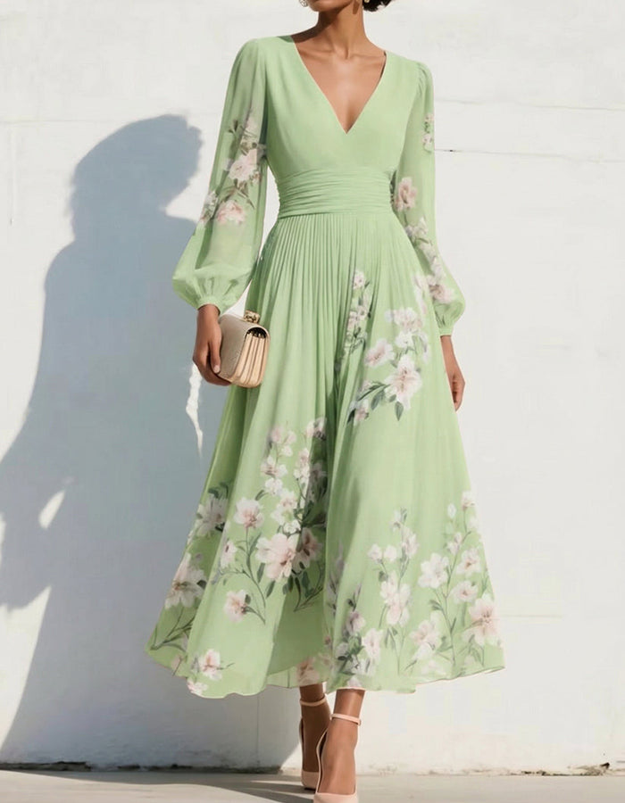 Navy Blue V-Neck Long Sleeve Floral Print Chiffon Midi Dress