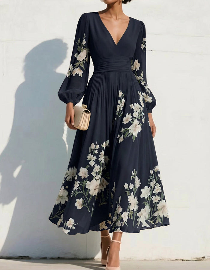 Navy Blue V-Neck Long Sleeve Floral Print Chiffon Midi Dress