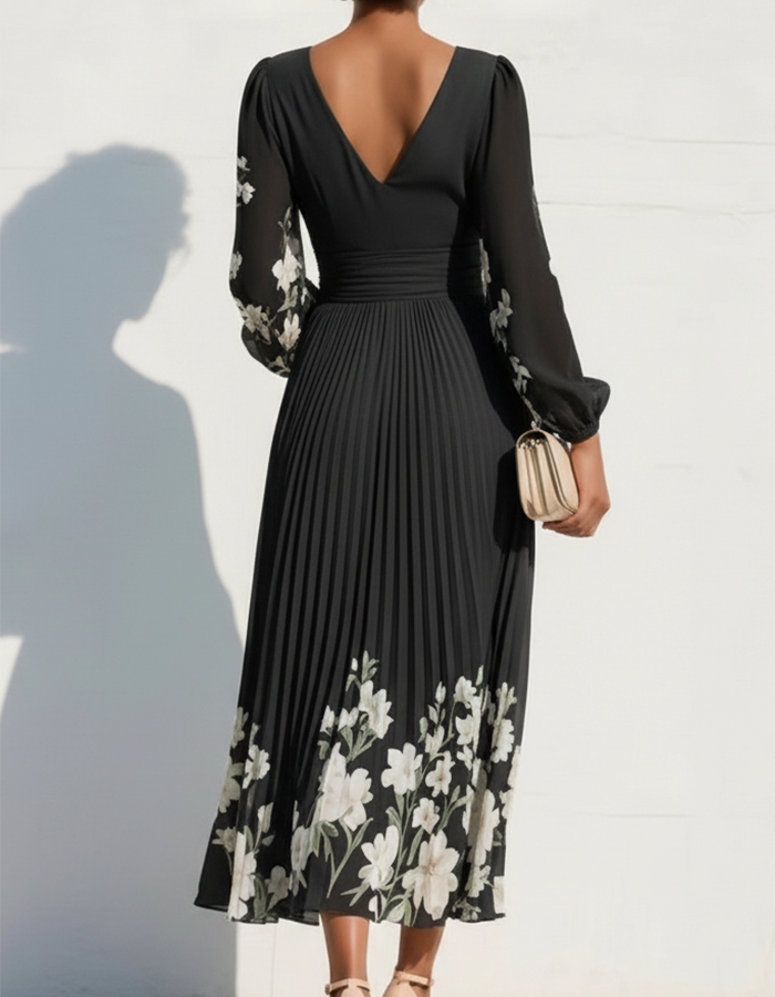 Navy Blue V-Neck Long Sleeve Floral Print Chiffon Midi Dress