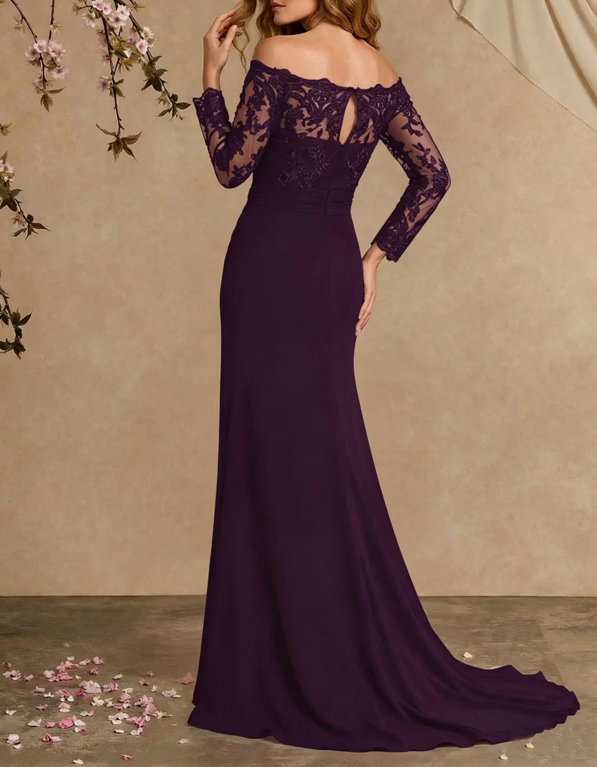 Chiffon Lace Embroidered Off-Shoulder Fishtail Maxi Dress