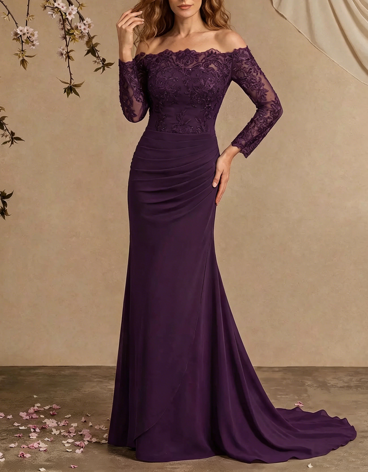 Chiffon Lace Embroidered Off-Shoulder Fishtail Maxi Dress