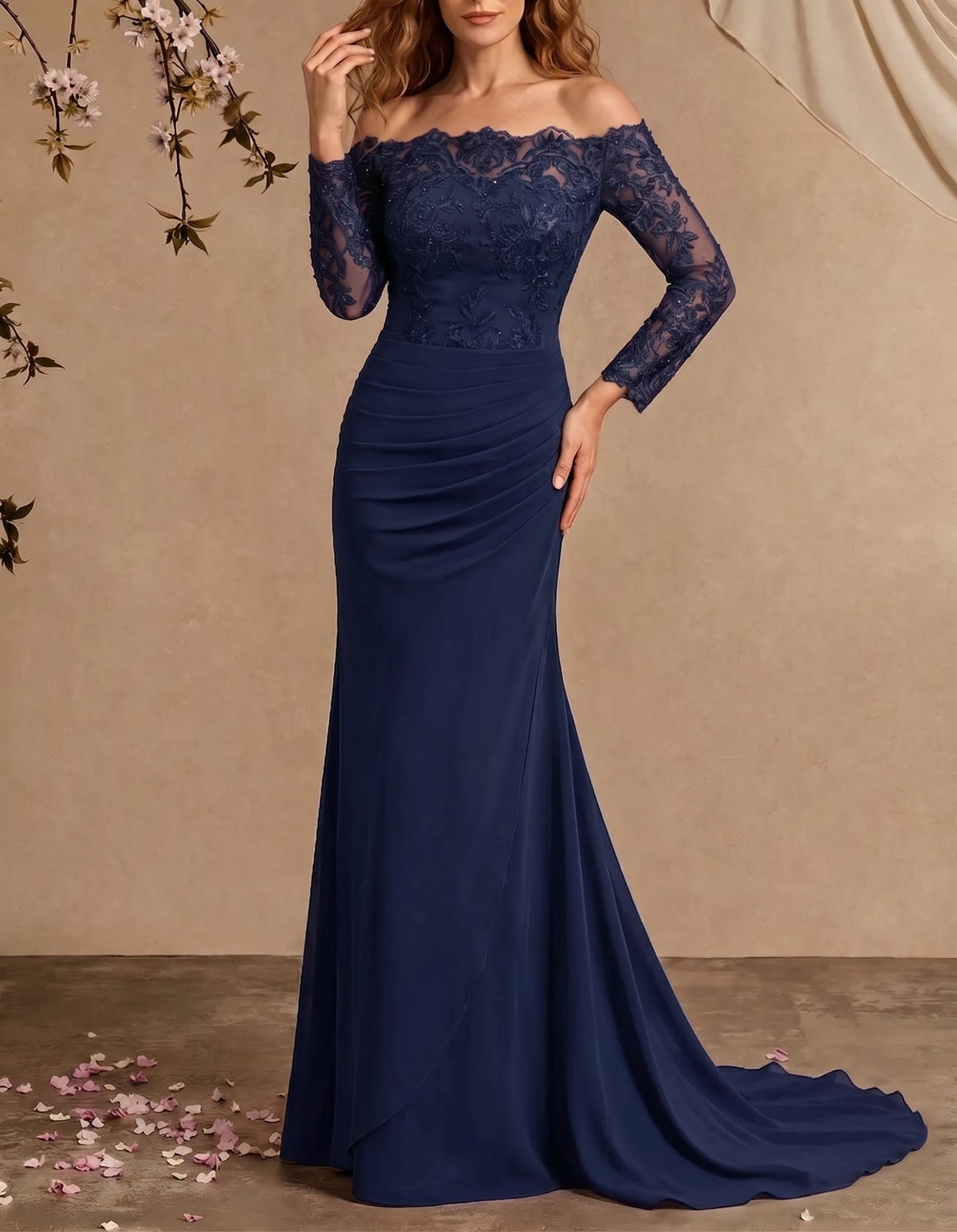 Chiffon Lace Embroidered Off-Shoulder Fishtail Maxi Dress