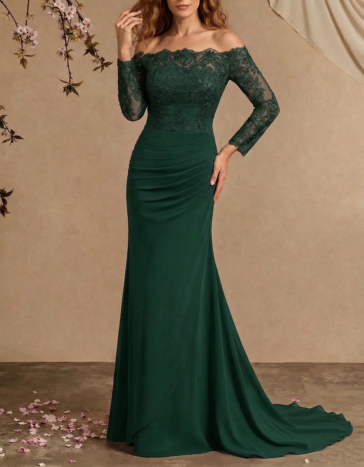 Chiffon Lace Embroidered Off-Shoulder Fishtail Maxi Dress