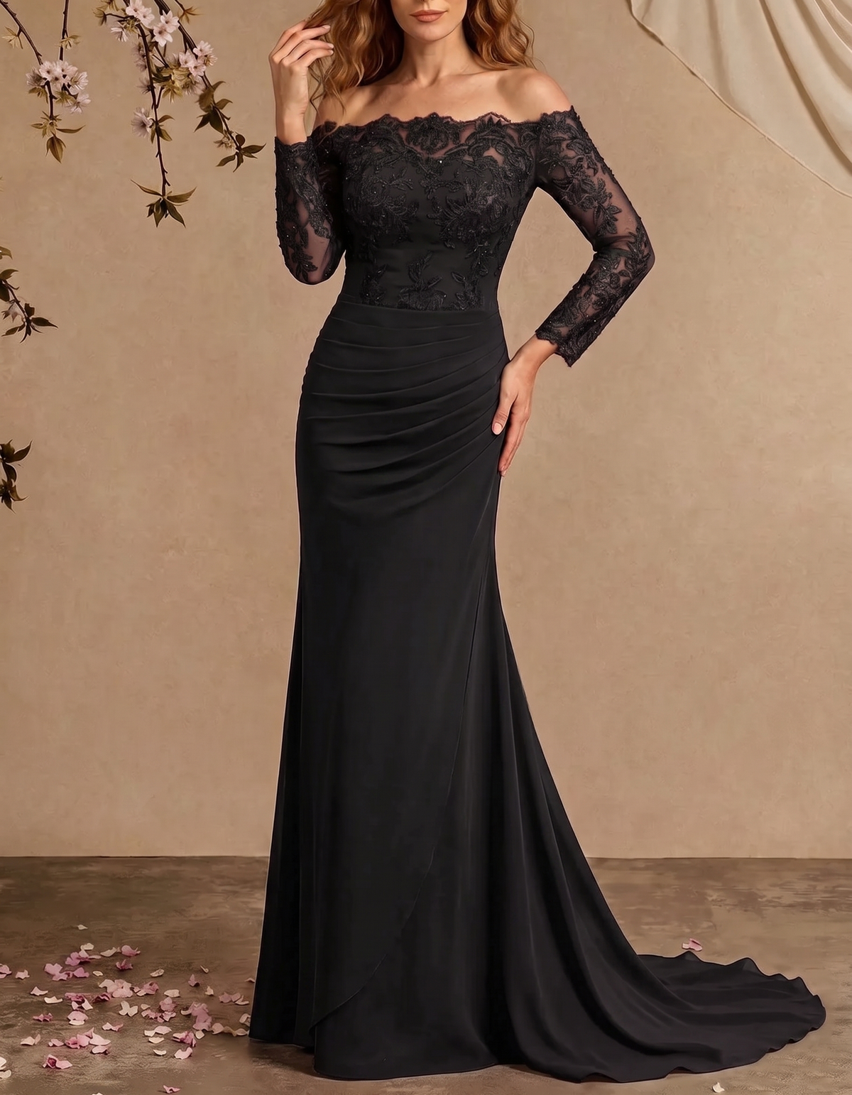 Chiffon Lace Embroidered Off-Shoulder Fishtail Maxi Dress