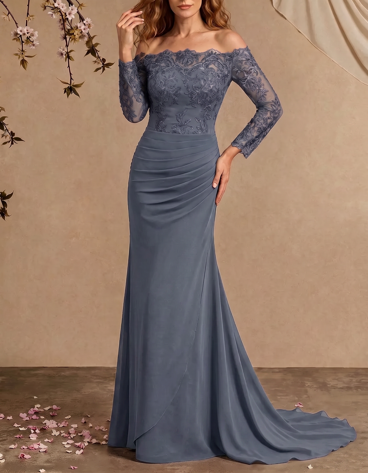 Chiffon Lace Embroidered Off-Shoulder Fishtail Maxi Dress