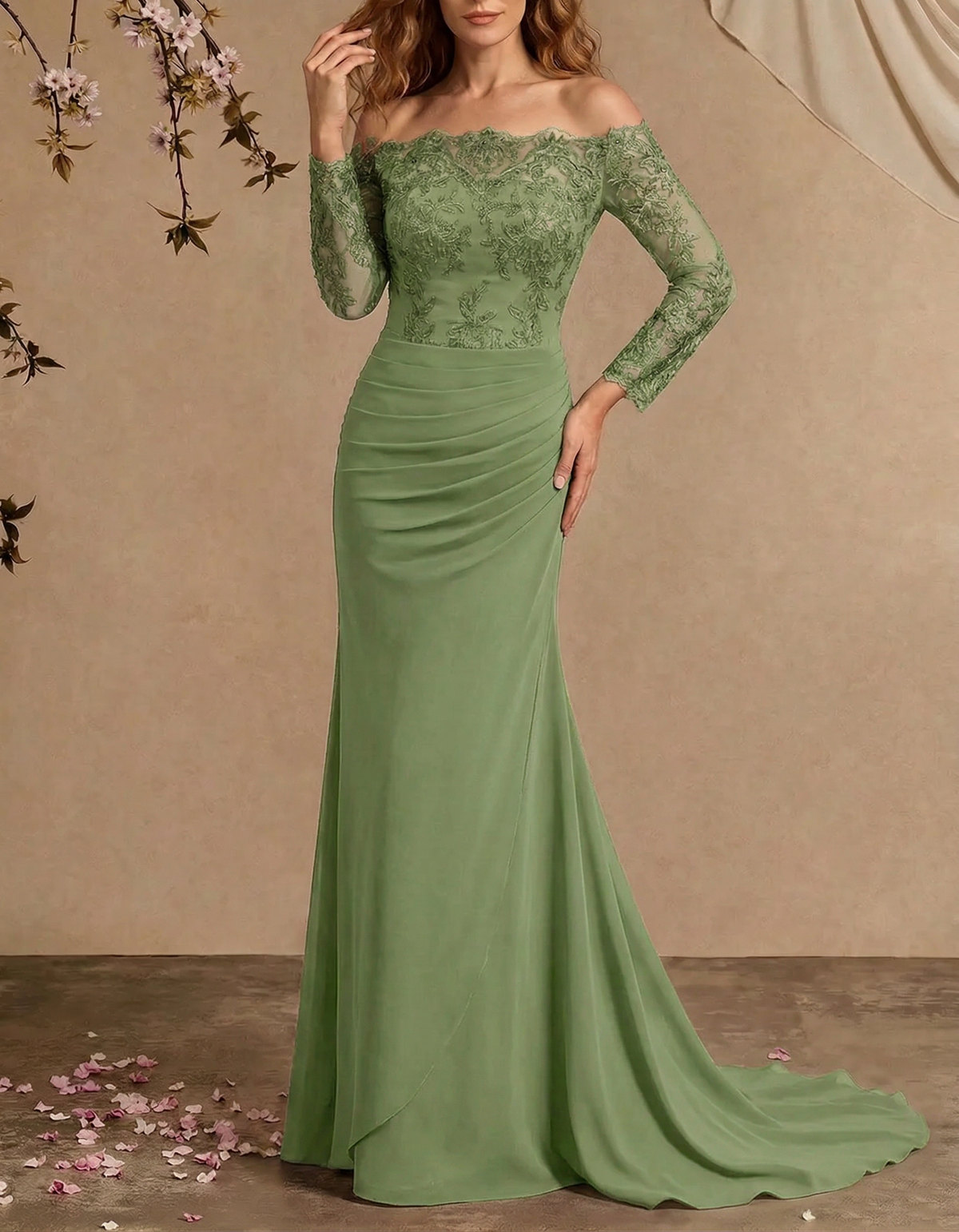 Chiffon Lace Embroidered Off-Shoulder Fishtail Maxi Dress