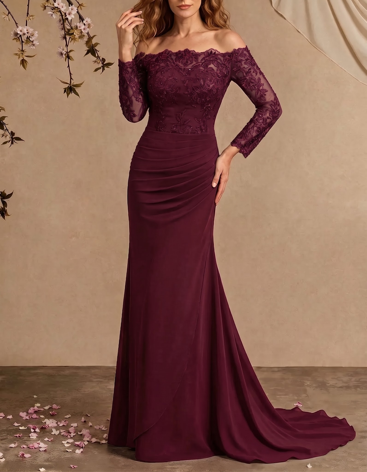 Chiffon Lace Embroidered Off-Shoulder Fishtail Maxi Dress