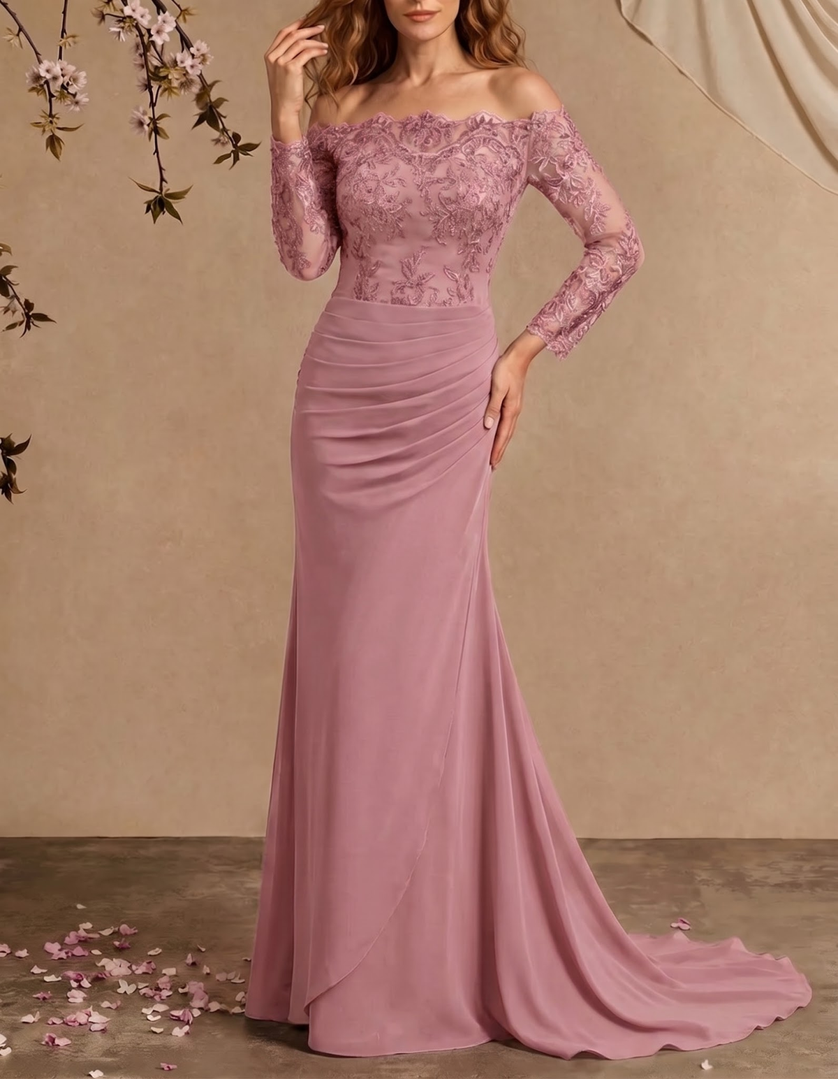 Chiffon Lace Embroidered Off-Shoulder Fishtail Maxi Dress