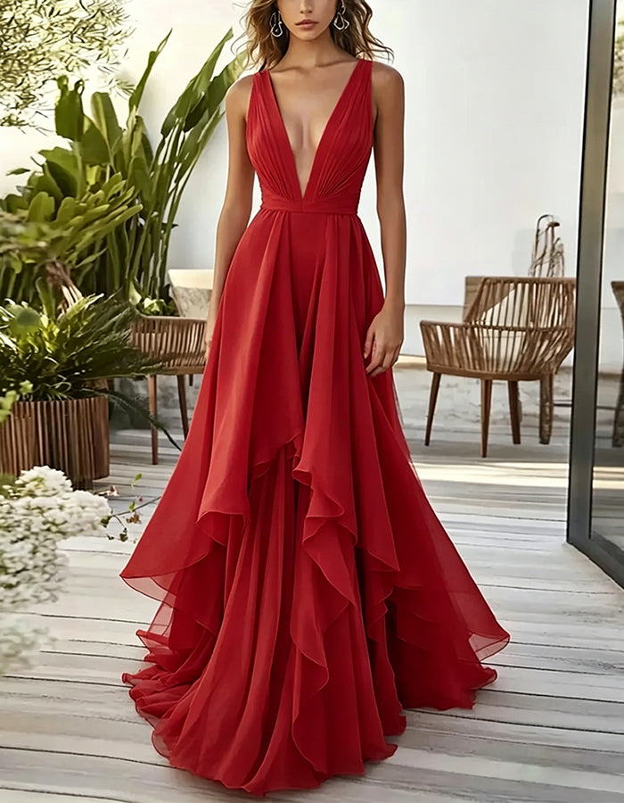 Solid Color Deep V-Neck Layered Chiffon Maxi Dress