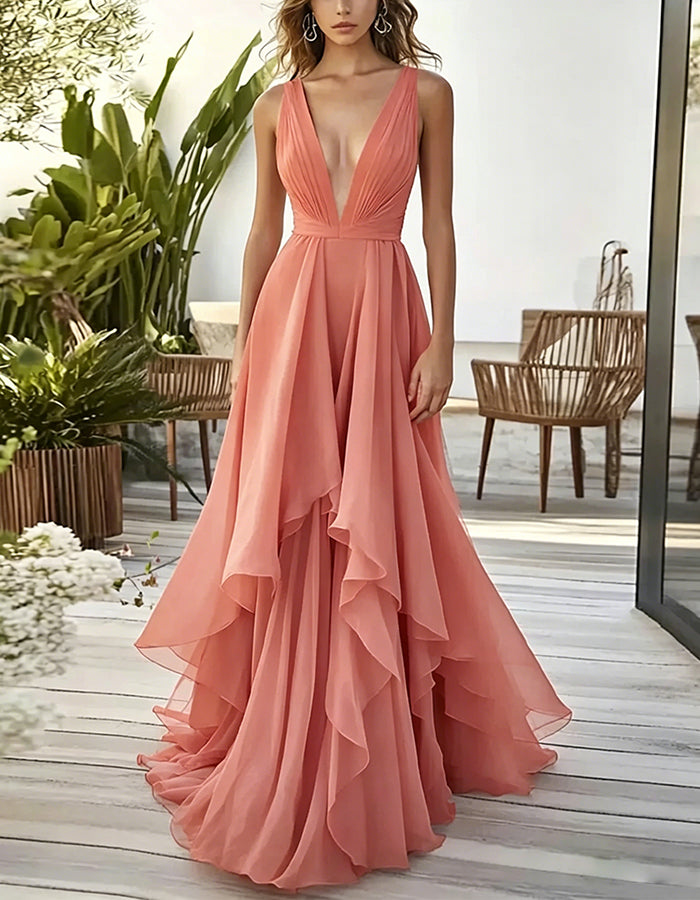 Solid Color Deep V-Neck Layered Chiffon Maxi Dress