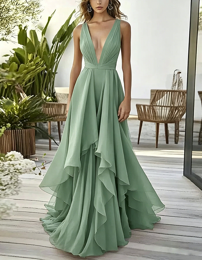 Solid Color Deep V-Neck Layered Chiffon Maxi Dress