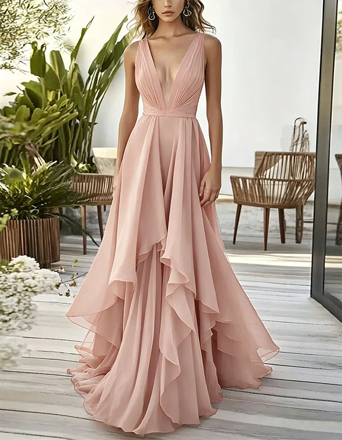 Solid Color Deep V-Neck Layered Chiffon Maxi Dress