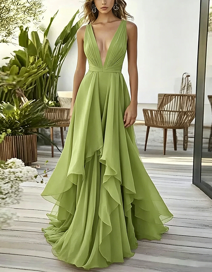 Solid Color Deep V-Neck Layered Chiffon Maxi Dress