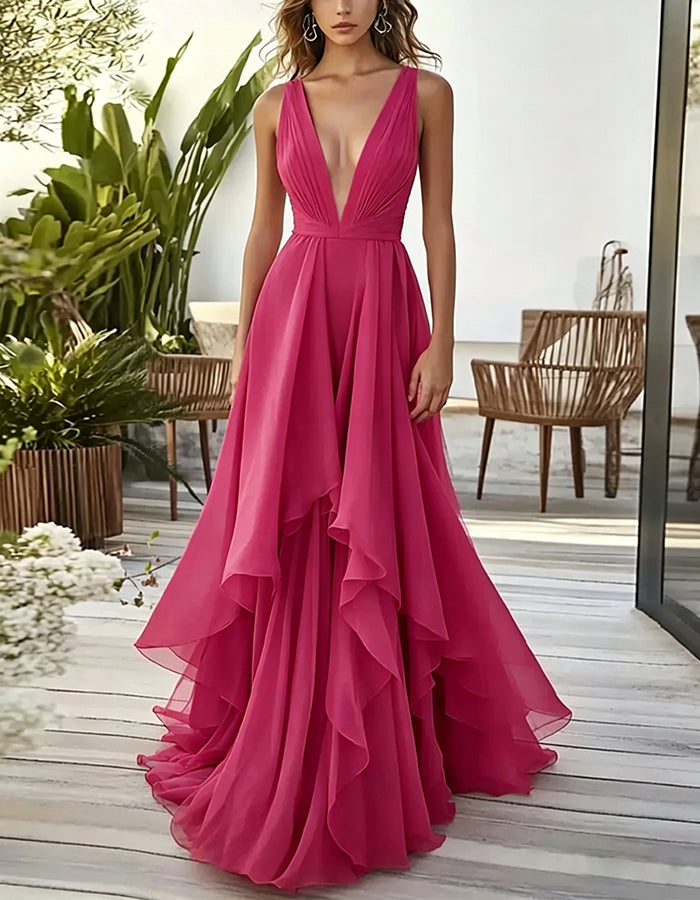 Solid Color Deep V-Neck Layered Chiffon Maxi Dress