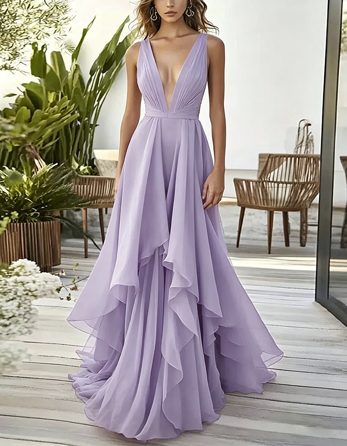 Solid Color Deep V-Neck Layered Chiffon Maxi Dress