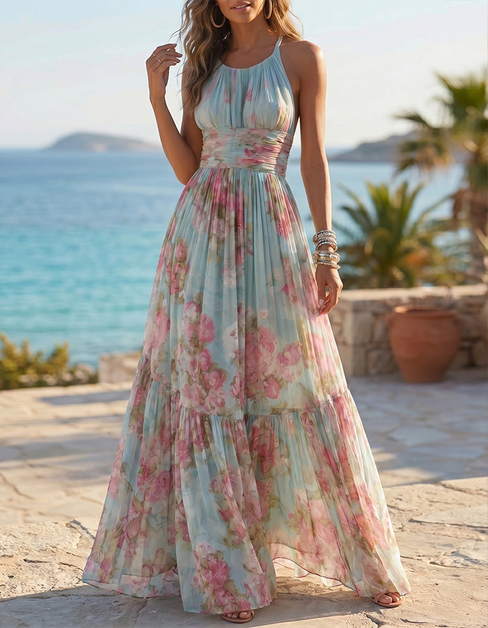 Ice Blue Watercolor Rose Print Halter Neck Chiffon Maxi Dress