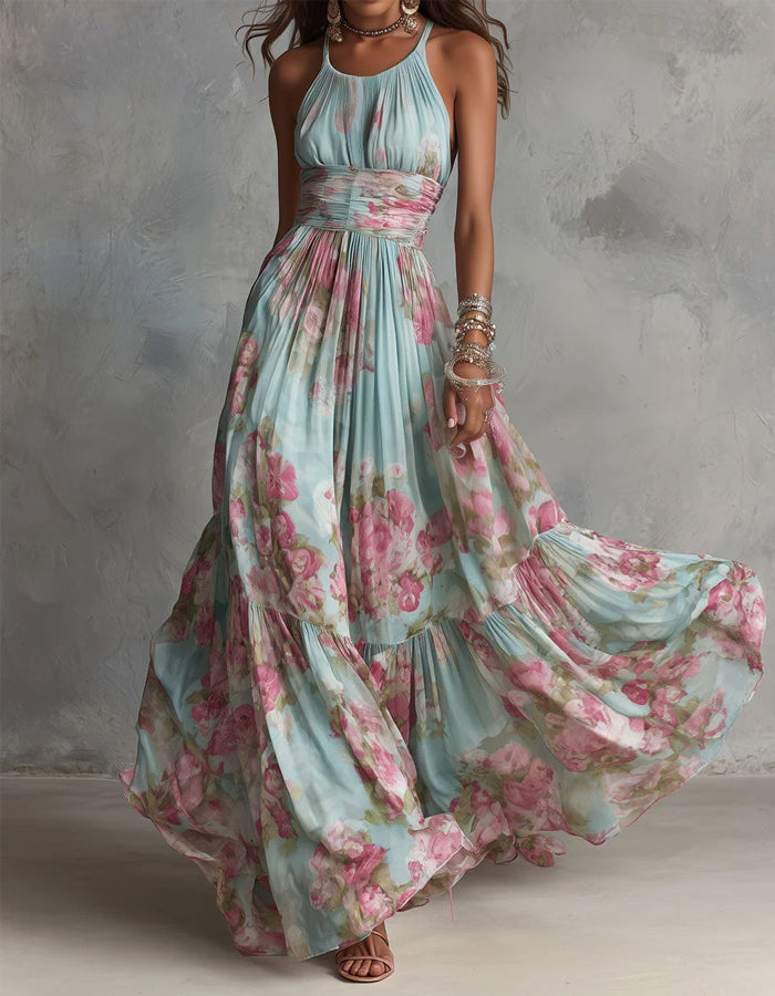 Ice Blue Watercolor Rose Print Halter Neck Chiffon Maxi Dress