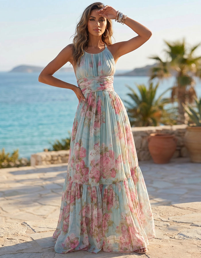 Ice Blue Watercolor Rose Print Halter Neck Chiffon Maxi Dress