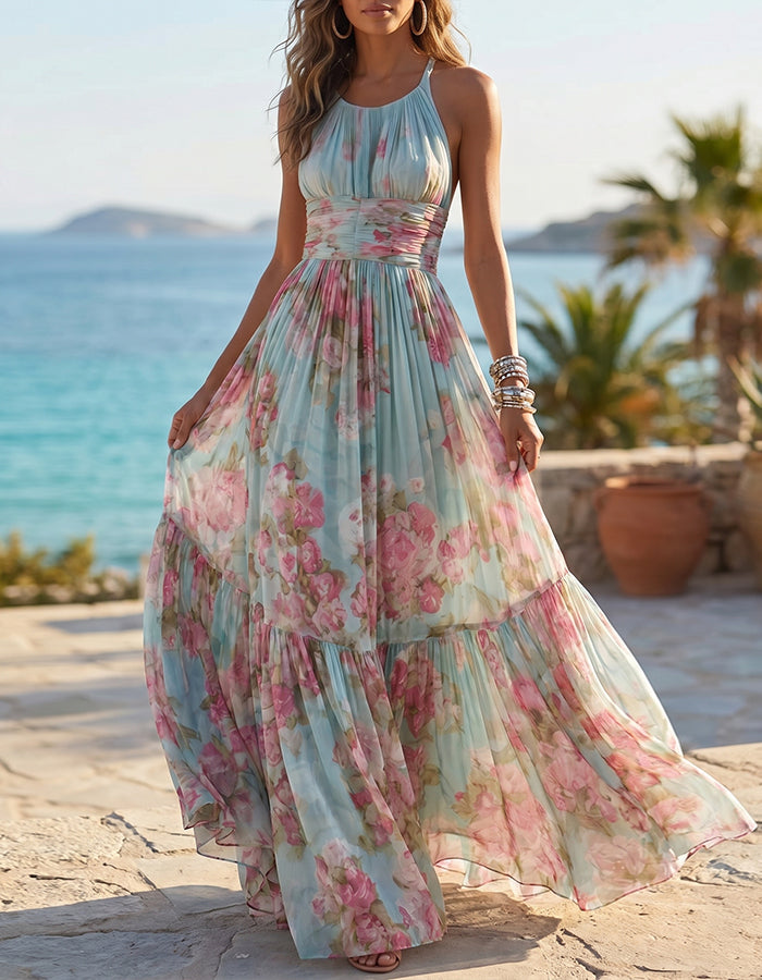 Ice Blue Watercolor Rose Print Halter Neck Chiffon Maxi Dress