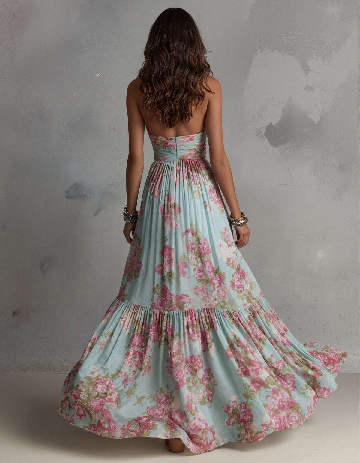 Ice Blue Watercolor Rose Print Halter Neck Chiffon Maxi Dress